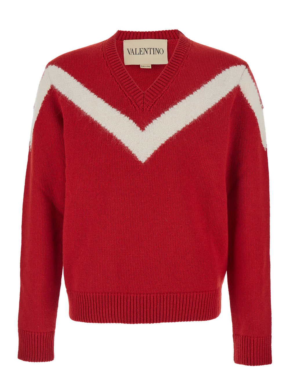 Valentino Men Red Sweater With V Neck And Rear Bow With Vlogo Plaque In Wool Man VALENTINO