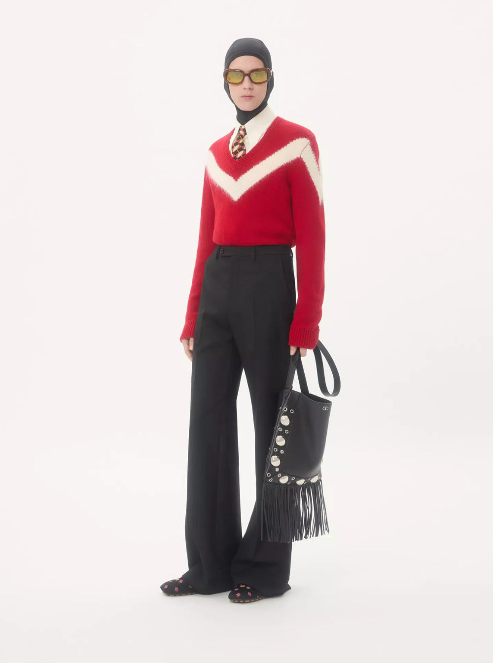 Valentino Men Red Sweater With V Neck And Rear Bow With Vlogo Plaque In Wool Man VALENTINO