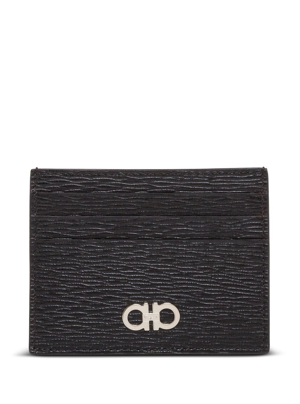 Ferragamo Men Salvatore Ferragamo Man's Revival Black  Leather Card Holder With Gancini Buckle FERRAGAMO