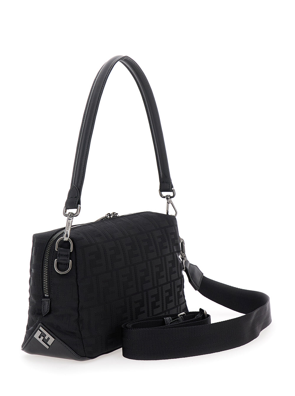 Fendi Men 'Lui Medium' Black Shoulder Bag With All-Over Ff Motif In Tech Fabric Woman FENDI