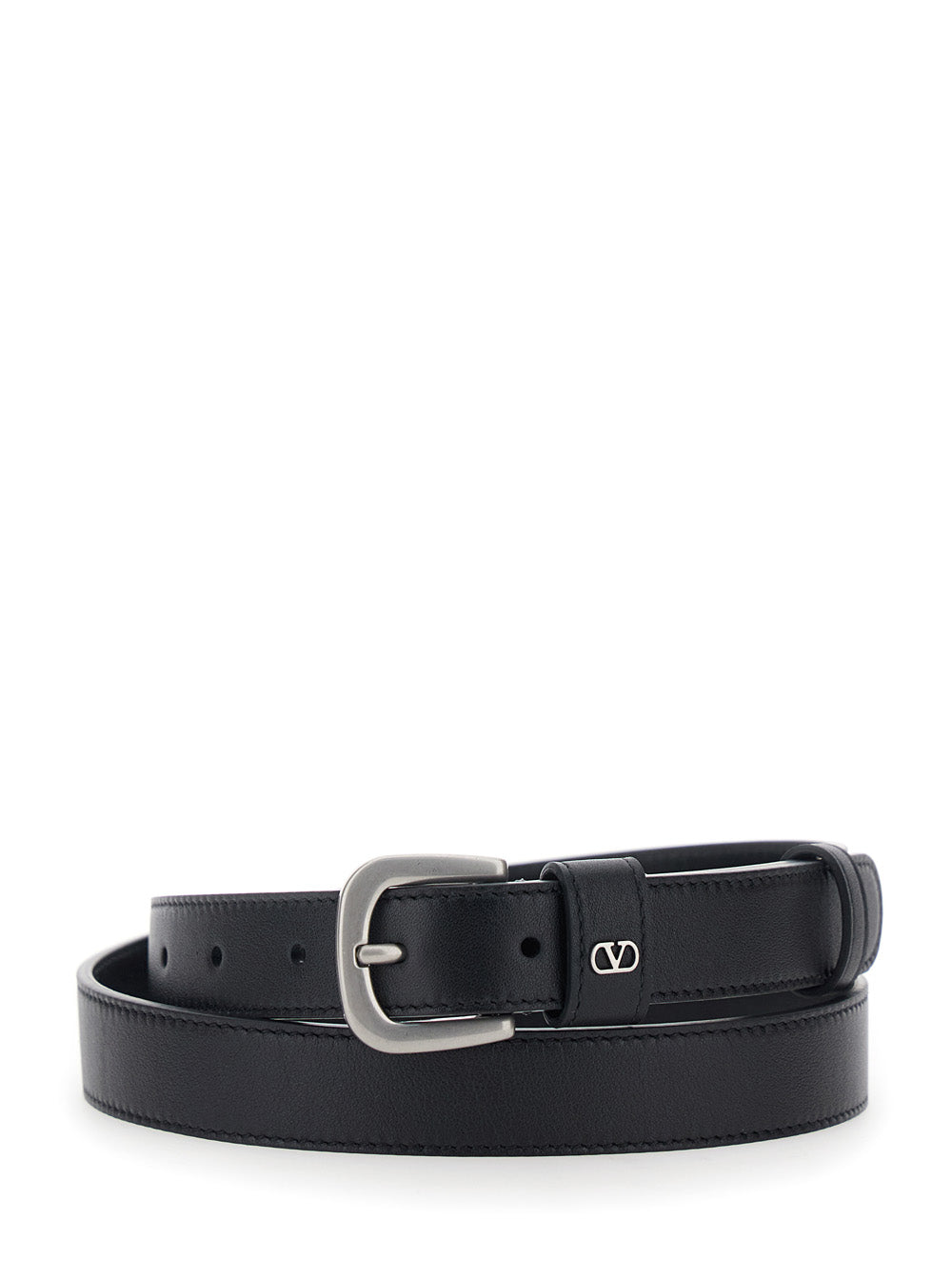 Valentino Garavani Men Black Belt With Front Buckle Closure And Vlogo Plaque On The Loop In Leather Man