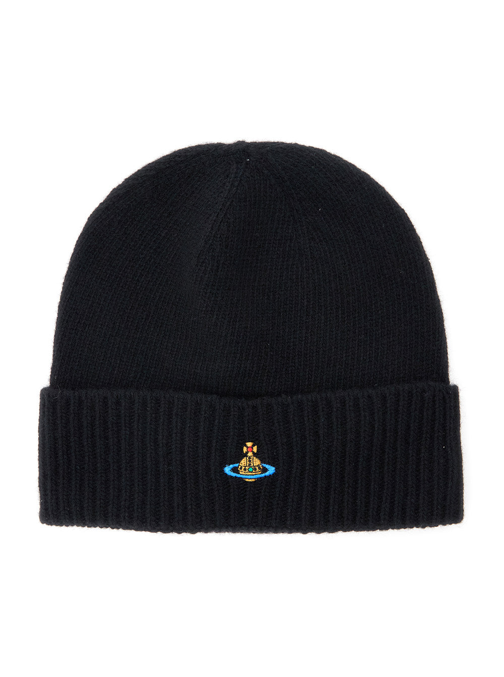 Vivienne Westwood Unisex Black Beanie With Orb Patch On The Front And Ribbed Brim In Cashmere Unisex VIVIENNE WESTWOOD