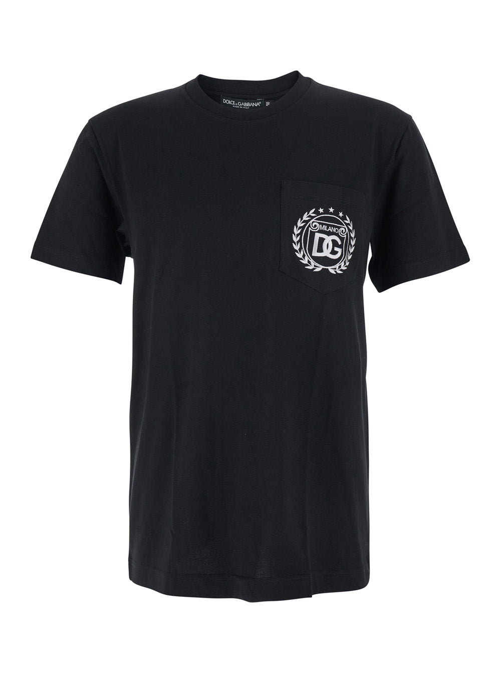Dolce & Gabbana Men Black Crewneck T-Shirt With Logo Embroidery On The Front In Cotton Man DOLCE & GABBANA