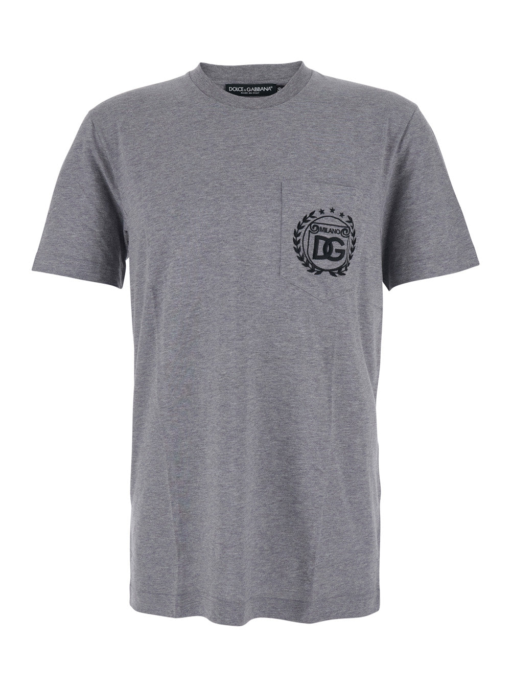 Dolce & Gabbana Men Grey Crewneck T-Shirt With Logo Embroidery On The Front In Cotton Man DOLCE & GABBANA