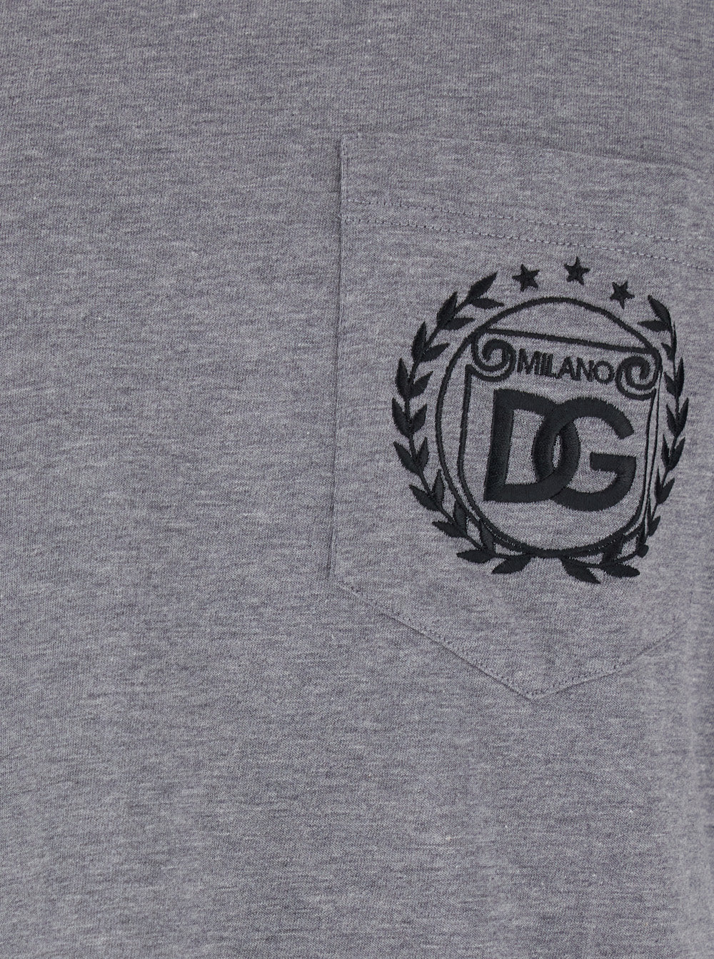 Dolce & Gabbana Men Grey Crewneck T-Shirt With Logo Embroidery On The Front In Cotton Man DOLCE & GABBANA