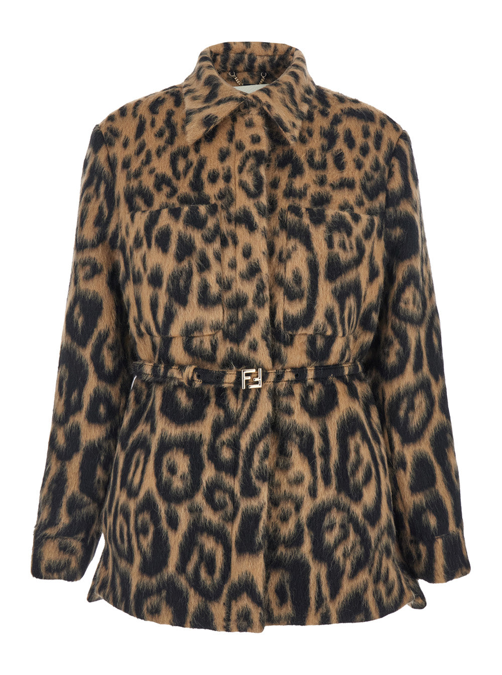 Fendi Women Multicolor Coat With Ff Buckled Belt On The Front And All-Over Leopard Motif In Wool Blend Woman FENDI