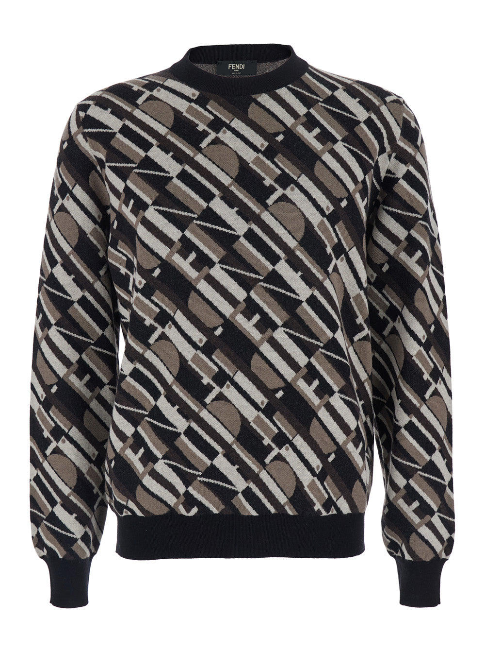 Fendi Men Brown Crewneck Sweater With All-Over Geometric Motif In Wool Man FENDI