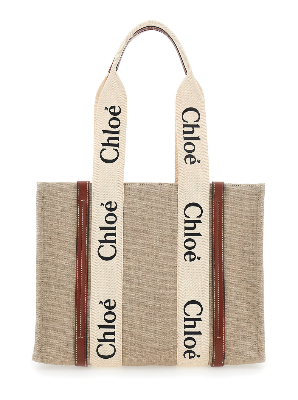 Chloé Women Handbag 'Woody' Medium With Logo Lettering On The Front In Beige Linen For Women CHLOE