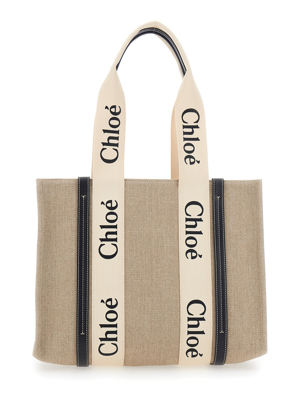 Chloé Women Handbag 'Medium Woody' With Logo Lettering On The Front In Beige Linen For Women CHLOE