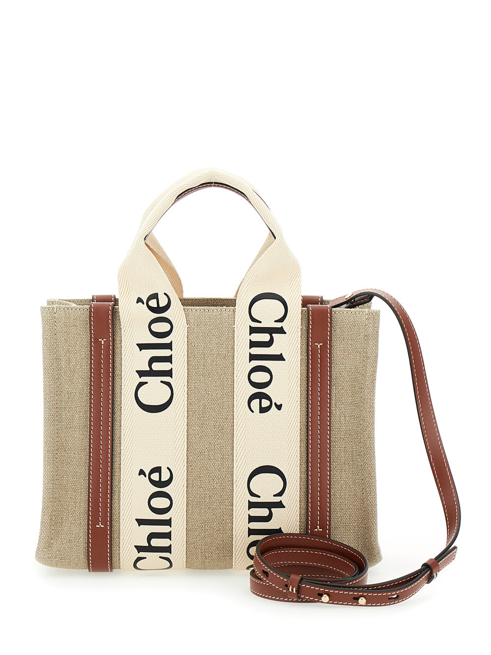 Chloé Women Tote Bag 'Woody' With Logoed Straps In Canvas And Leather Beige Woman CHLOE