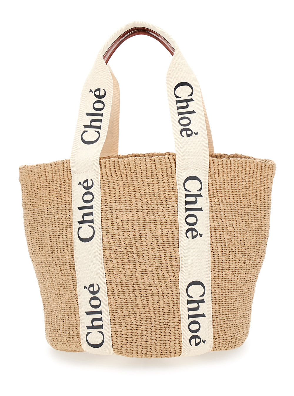 Chloé Women 'Woody' Beige Shopper With Logo Shoulder Strap In Woven Natural Fibers Woman CHLOE