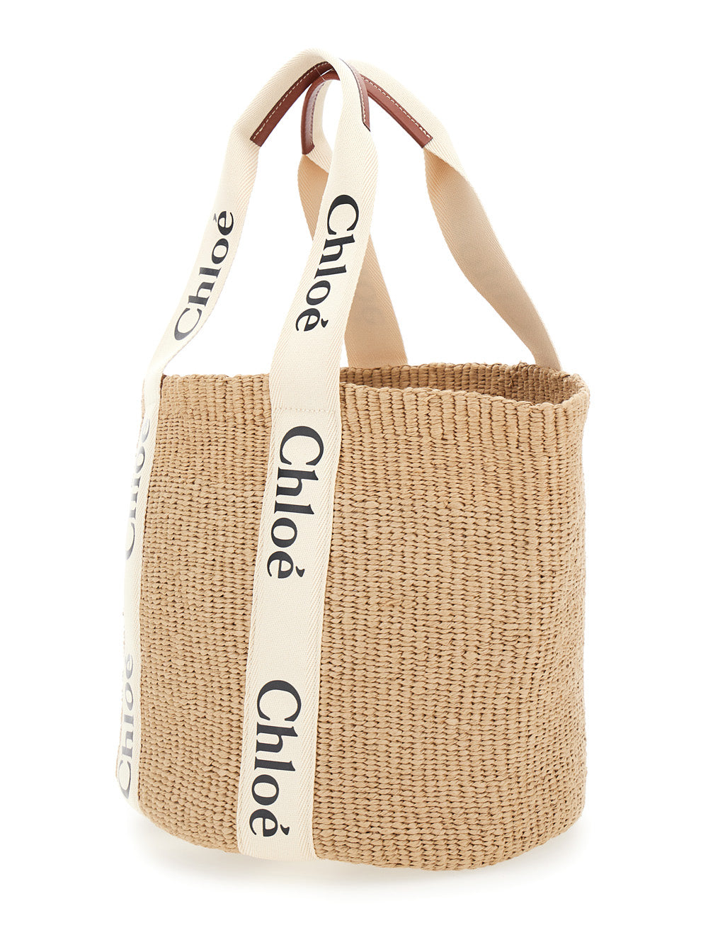 Chloé Women 'Woody' Beige Shopper With Logo Shoulder Strap In Woven Natural Fibers Woman CHLOE