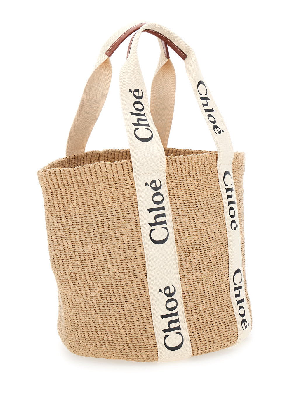 Chloé Women 'Woody' Beige Shopper With Logo Shoulder Strap In Woven Natural Fibers Woman CHLOE