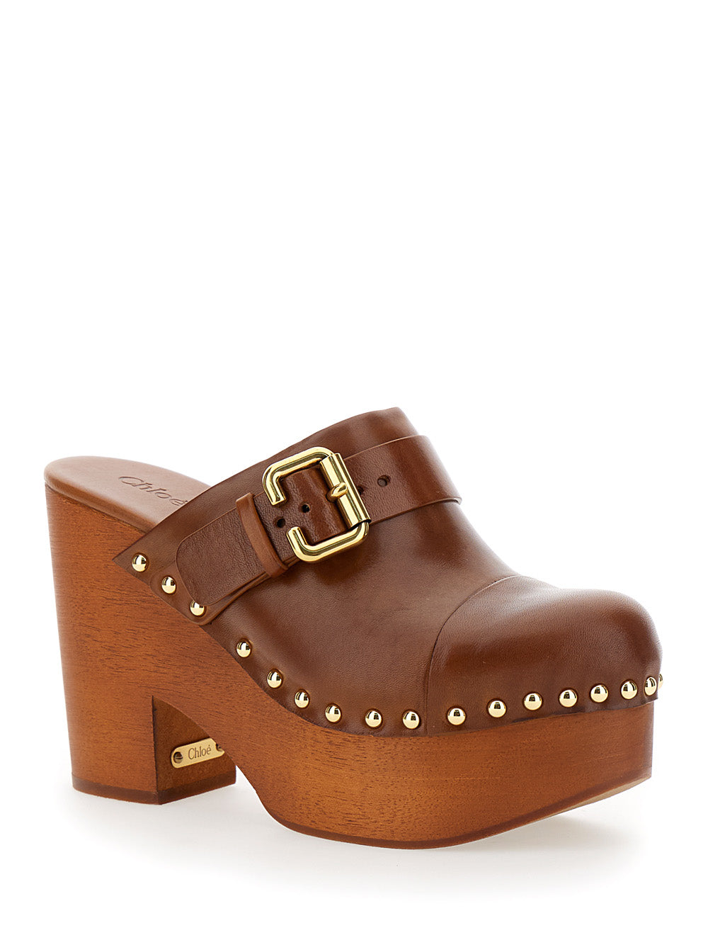 Chloé Women Brown 'Jeanette' Wedge Clogs In Leather And Wood For Women CHLOE