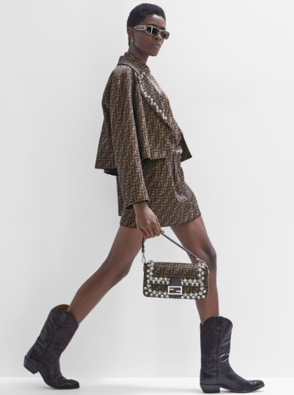 Fendi Women Shirt With Pointed Collar And Ff All-Over Motif In Brown Silk For Women FENDI