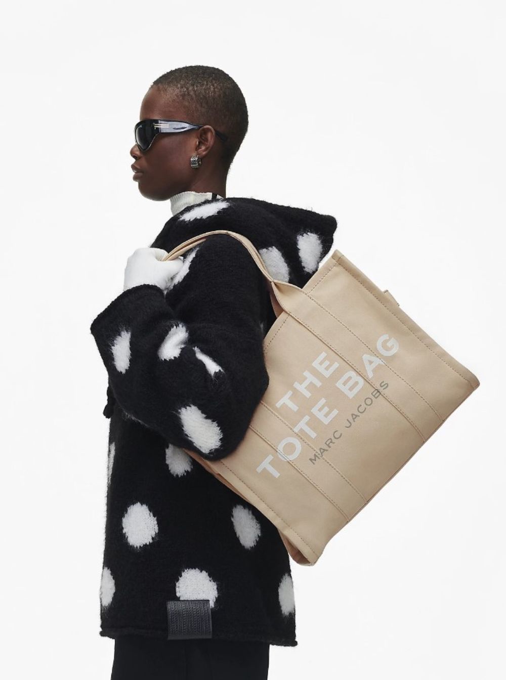 Marc Jacobs Women 'The Large Tote' Beige Shoulder Bag With Contrasting Logo Print In Cotton Black Woman MARC JACOBS