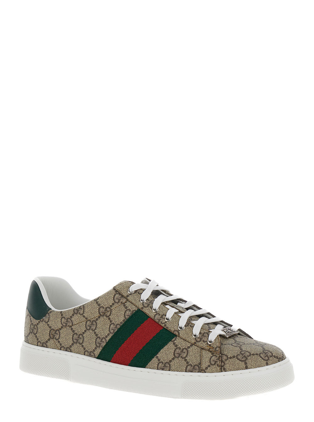 Gucci Men 'Gucci Ace' Beige And Ebony Low Top Sneakers With Web Detail In Gg Supreme Canvas Man GUCCI