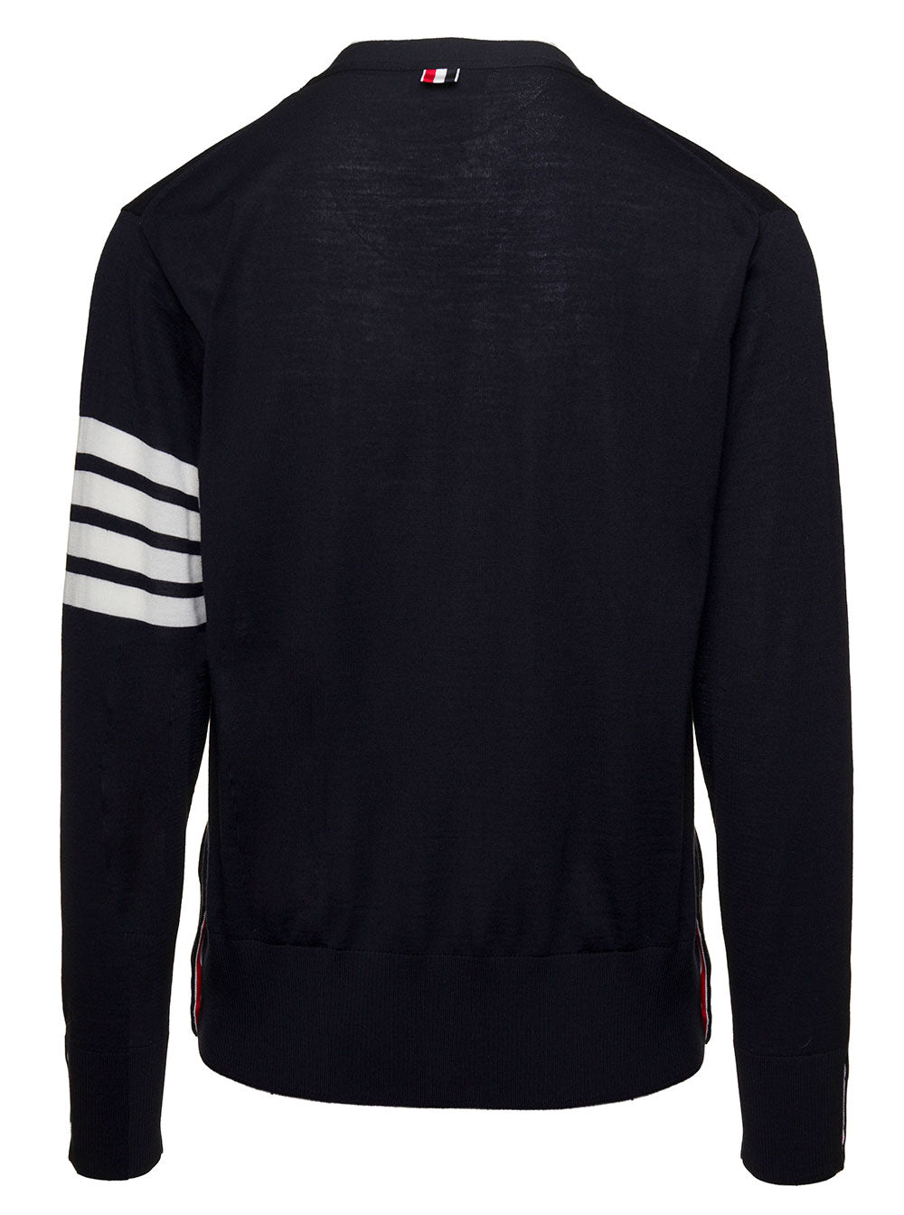 Thom Browne Men Blue Cardigan With V-Neck And Stripe Detail In Wool For Men THOM BROWNE