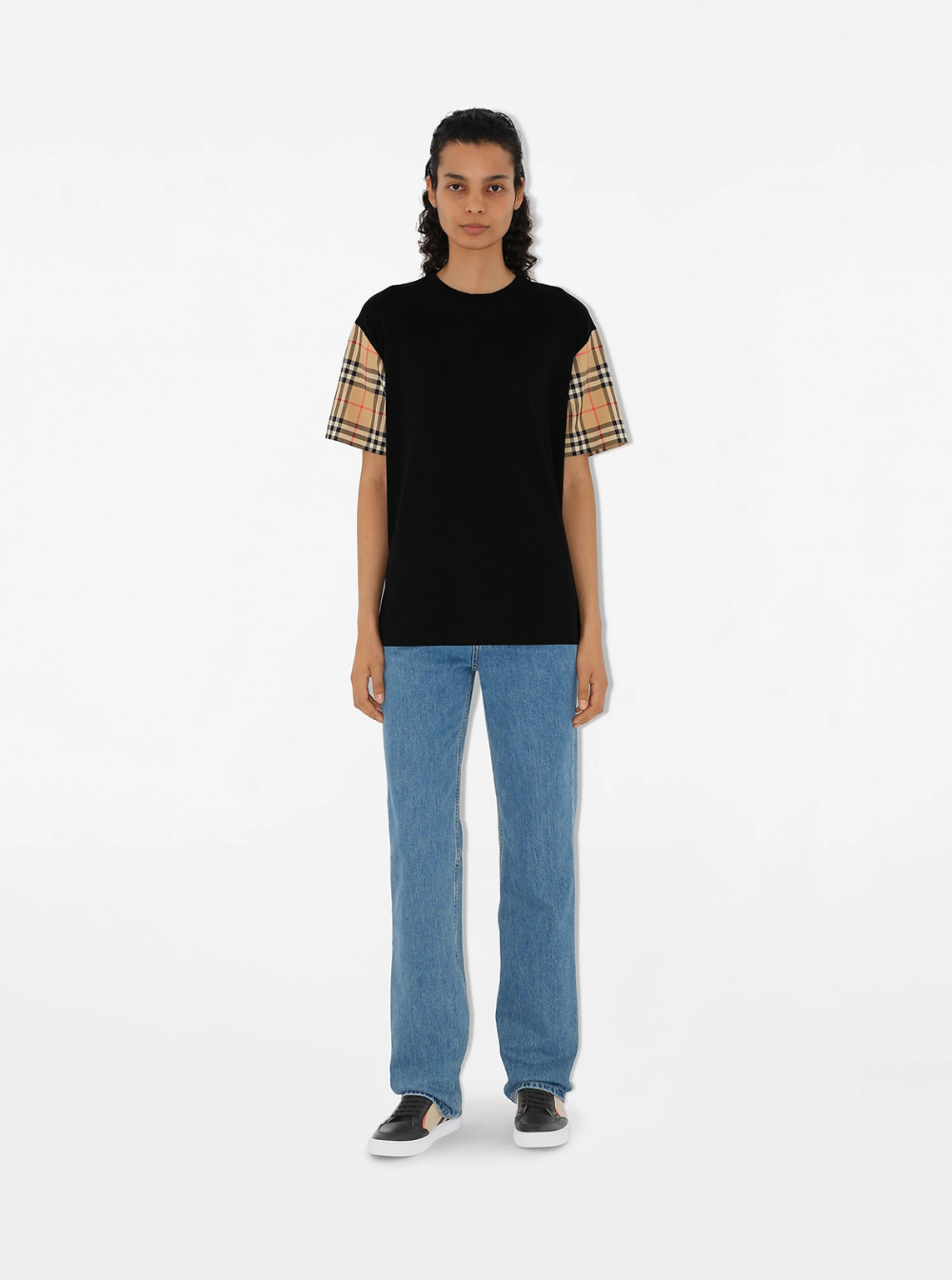 Burberry Women Black T-Shirt With Vintage Check Motif On The Sleeves In Cotton For Women BURBERRY