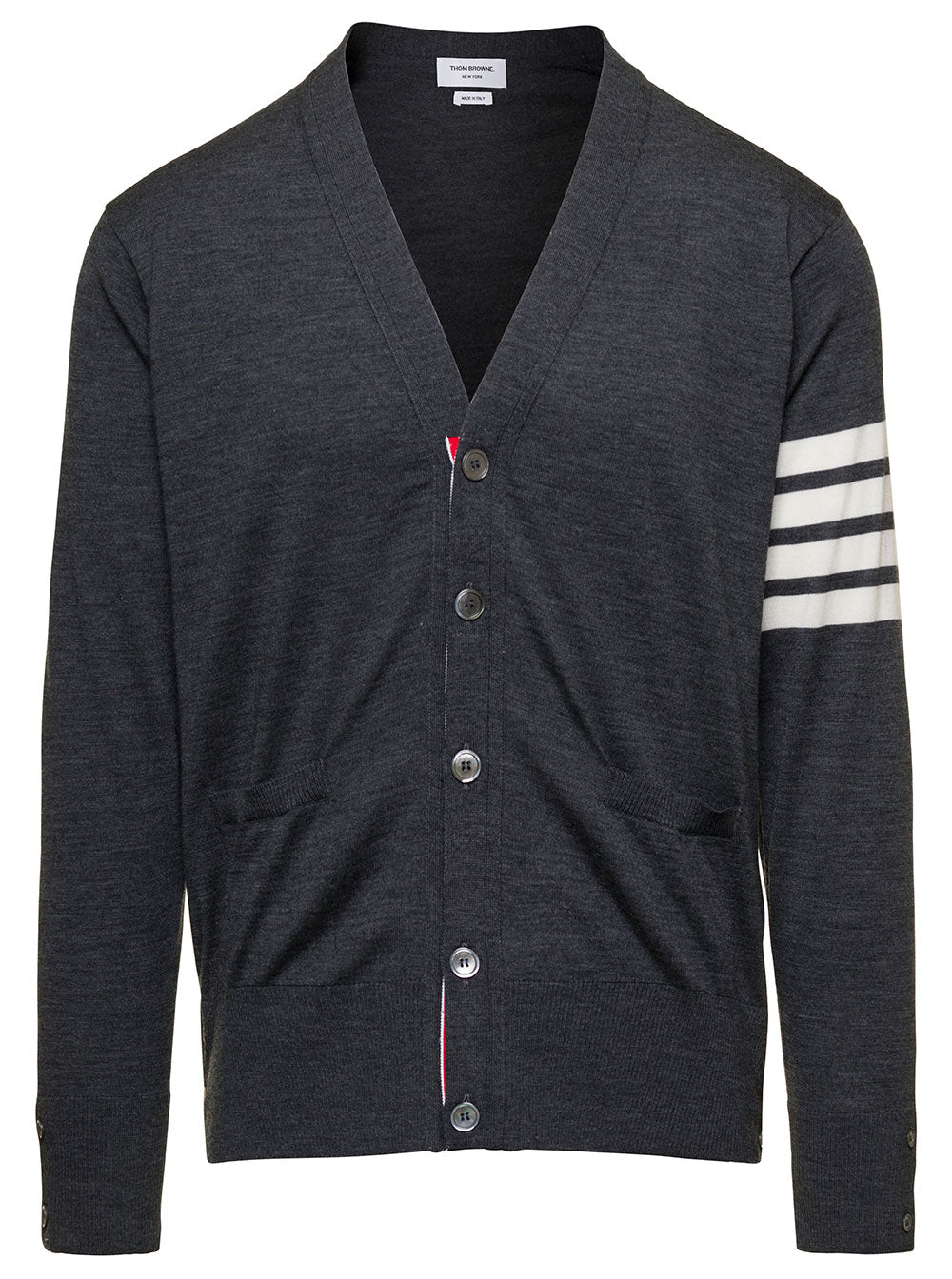Thom Browne Men Gray Wool Men's V-Neck Cardigan With Stripe Detail THOM BROWNE