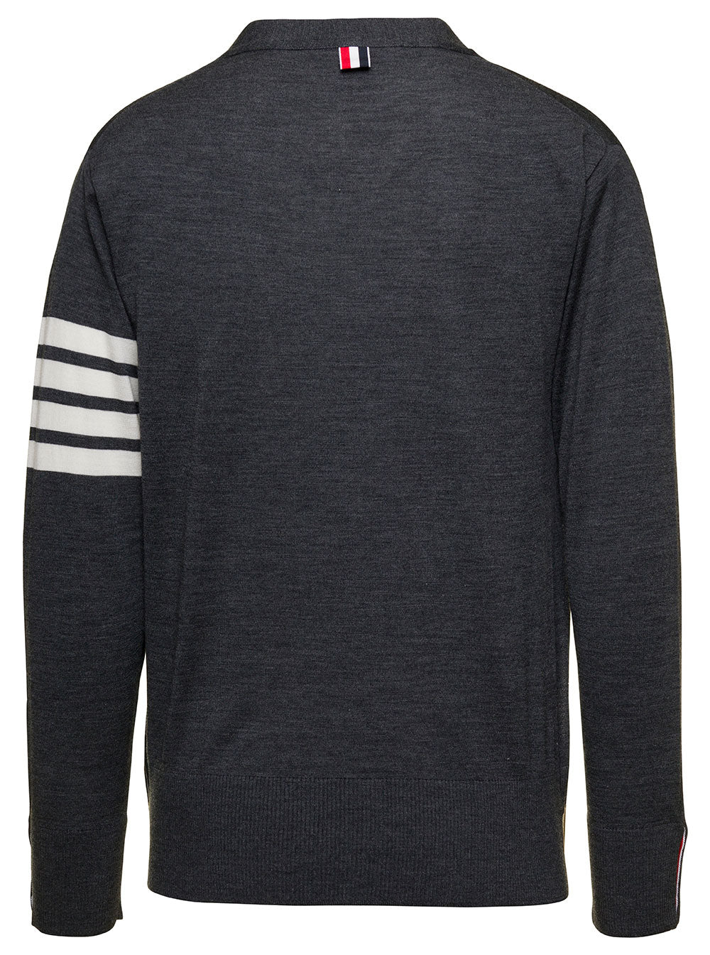 Thom Browne Men Gray Wool Men's V-Neck Cardigan With Stripe Detail THOM BROWNE