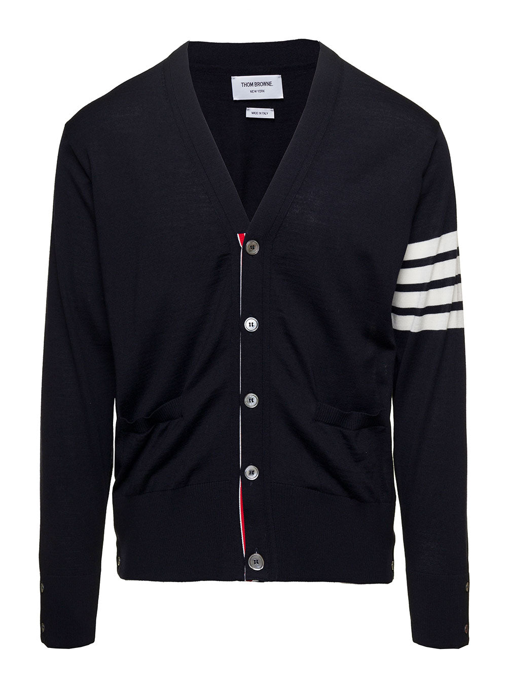 Thom Browne Men Blue Cardigan With V-Neck And Stripe Detail In Wool For Men THOM BROWNE