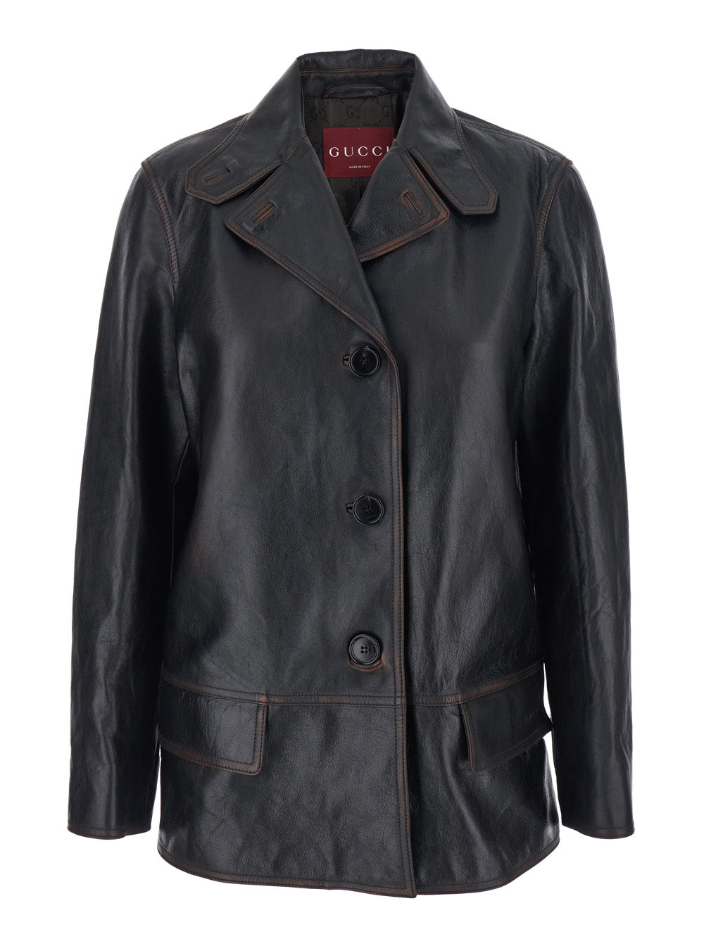 Gucci Women Black Jacket With Classic Lapels And Distressed Effect In Leather Woman GUCCI