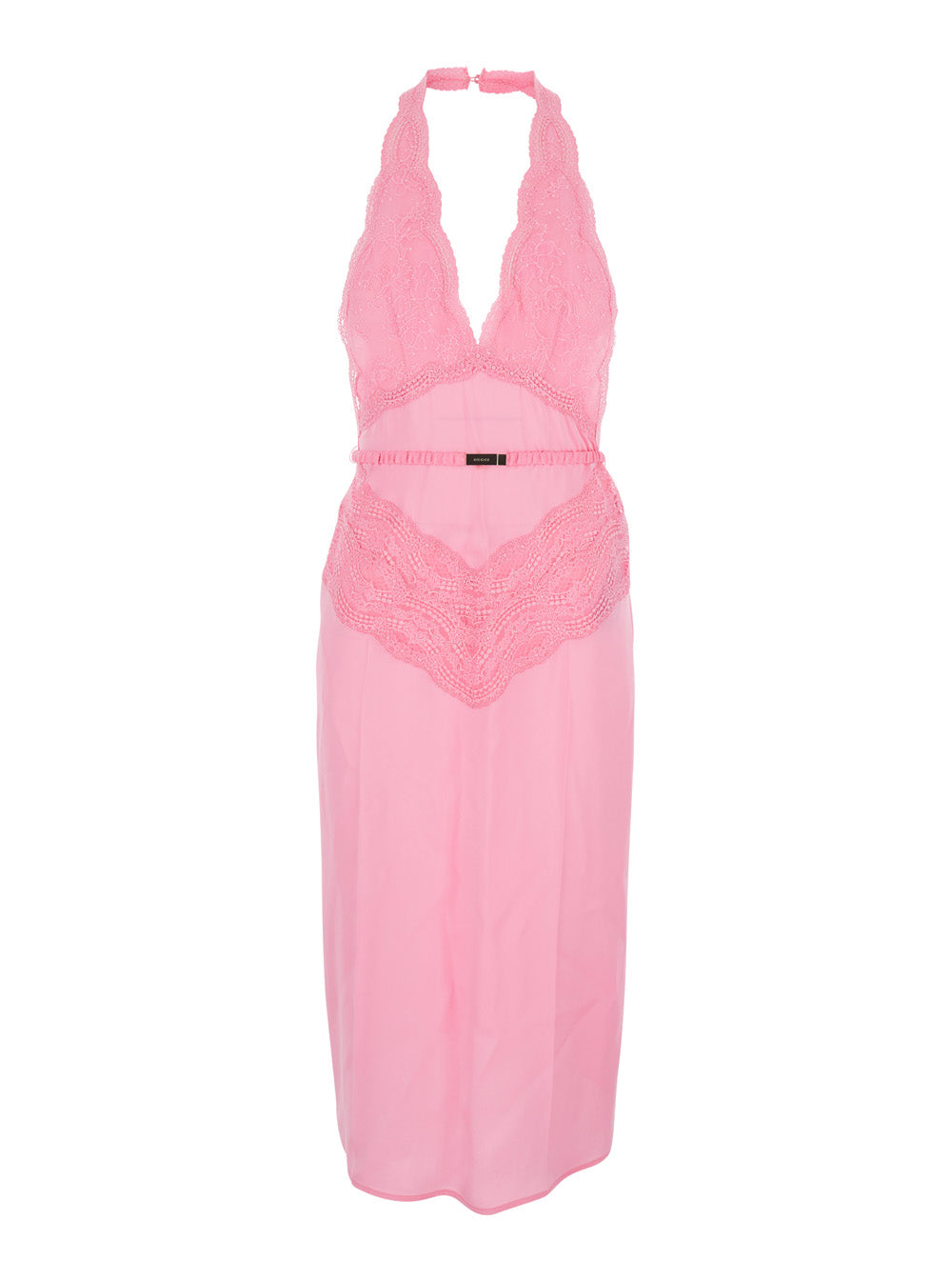 Gucci Women Pink Dress With Deep V-Neck And Removable Ruffle Belt In Silk Satin Woman GUCCI
