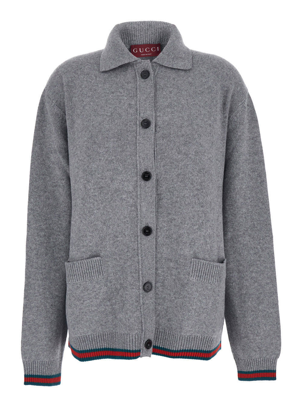 Gucci Women Grey Cardigan With Pointed Collar And Web Detailing On Edges In Wool And Cashmere Blend Woman GUCCI