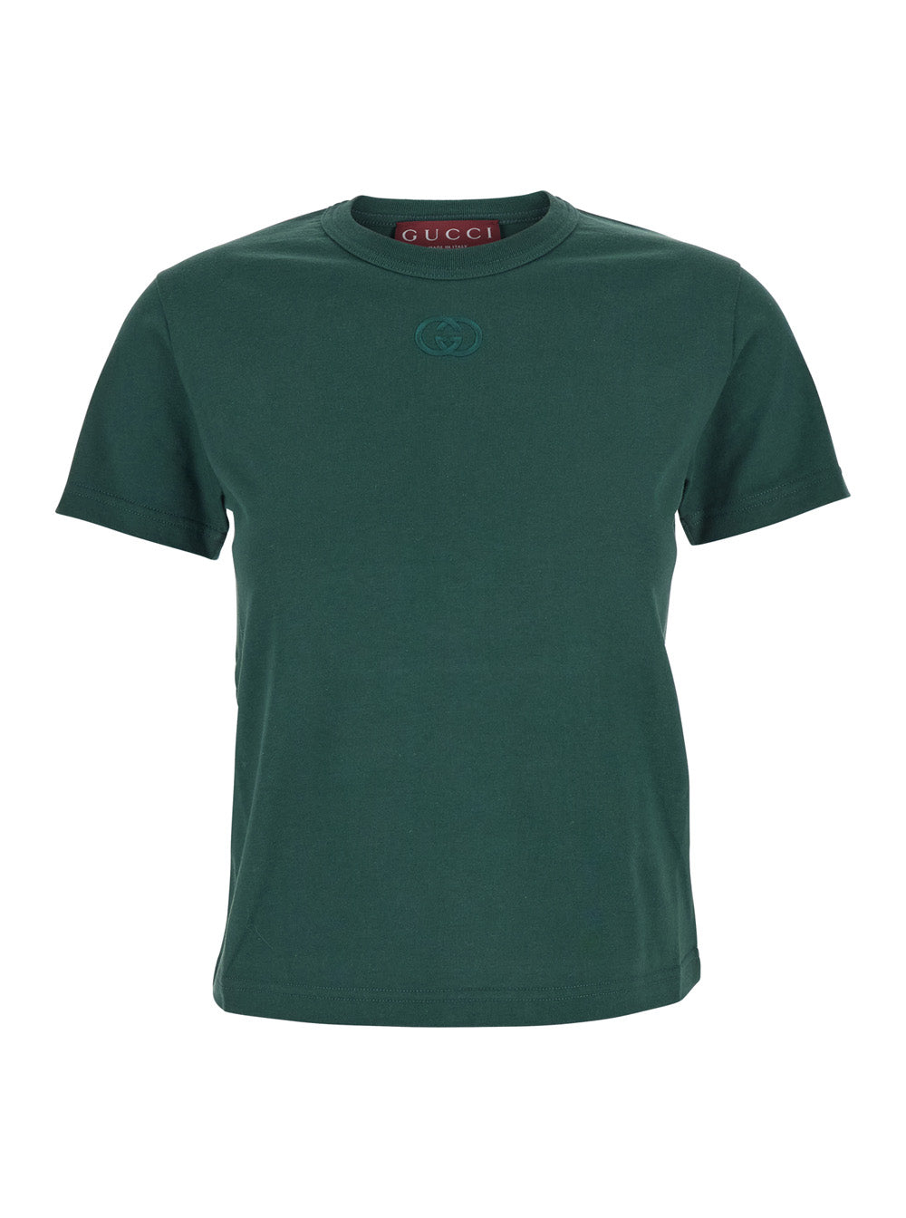 Gucci Women Green Crewneck T-Shirt With Double G Embroidery On The Front In Fabric Woman GUCCI
