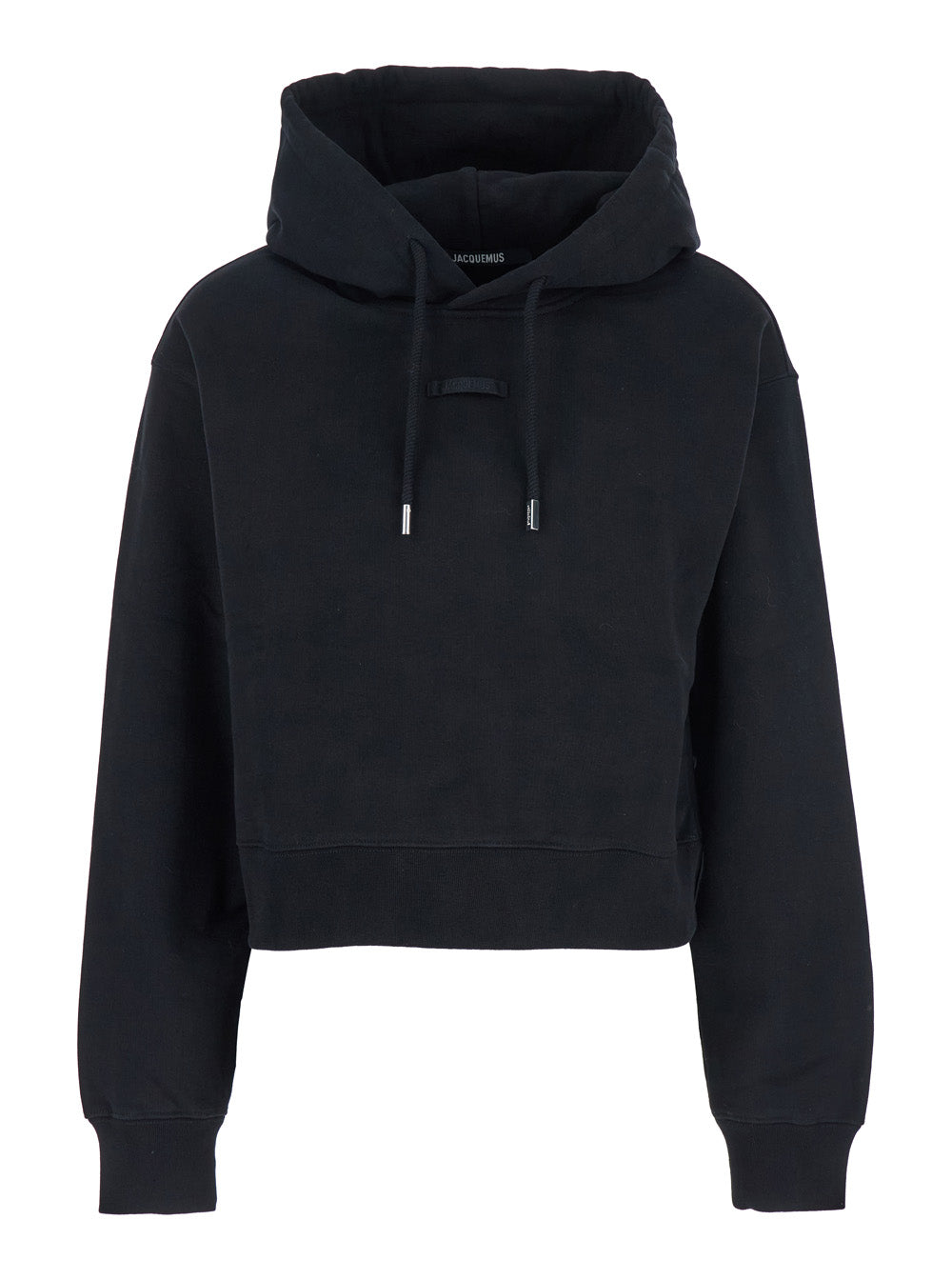 Jacquemus Women Black 'Le Hoodie Gros Grain' Crop Hoodie With Drawstring Hood And Logo Patch On Front In Cotton For Women JACQUEMUS
