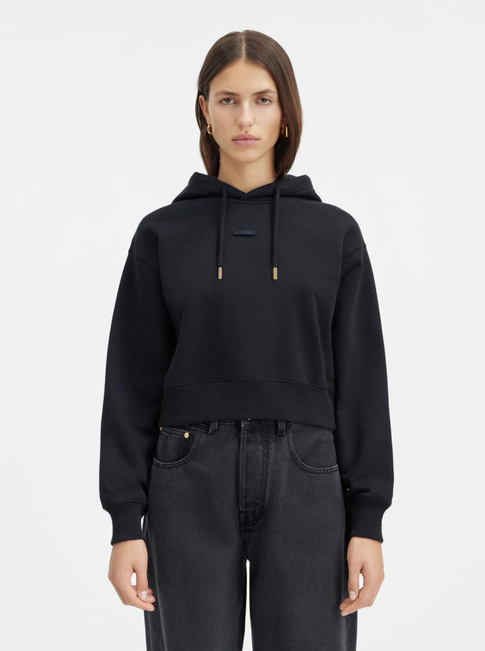 Jacquemus Women Black 'Le Hoodie Gros Grain' Crop Hoodie With Drawstring Hood And Logo Patch On Front In Cotton For Women JACQUEMUS
