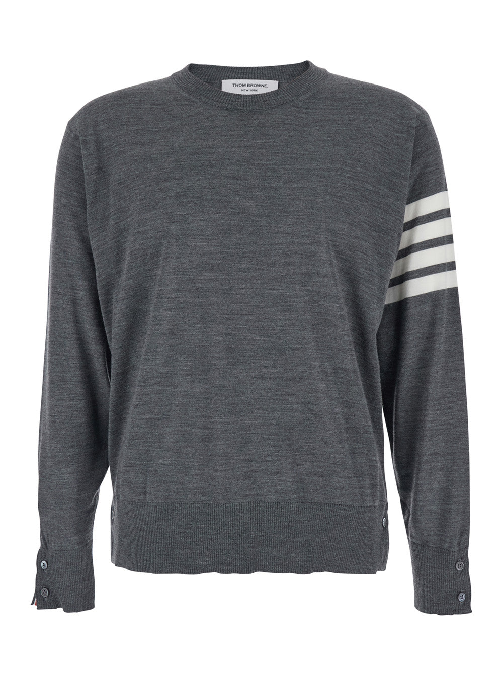Thom Browne Men Grey Crew Neck Sweater With 4-Bar Detail In Virgin Wool Man THOM BROWNE
