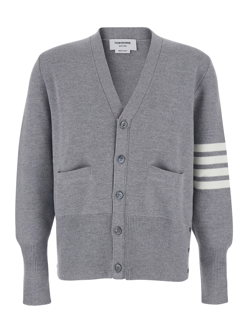 Thom Browne Men Grey Cardigan With V Neck And Striped Detail On The Sleeve In Wool Man THOM BROWNE