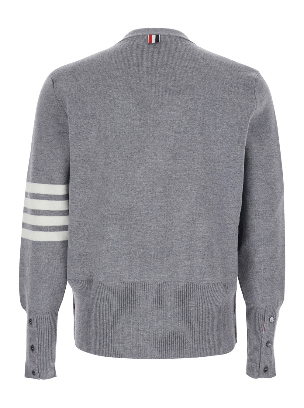 Thom Browne Men Grey Cardigan With V Neck And Striped Detail On The Sleeve In Wool Man THOM BROWNE