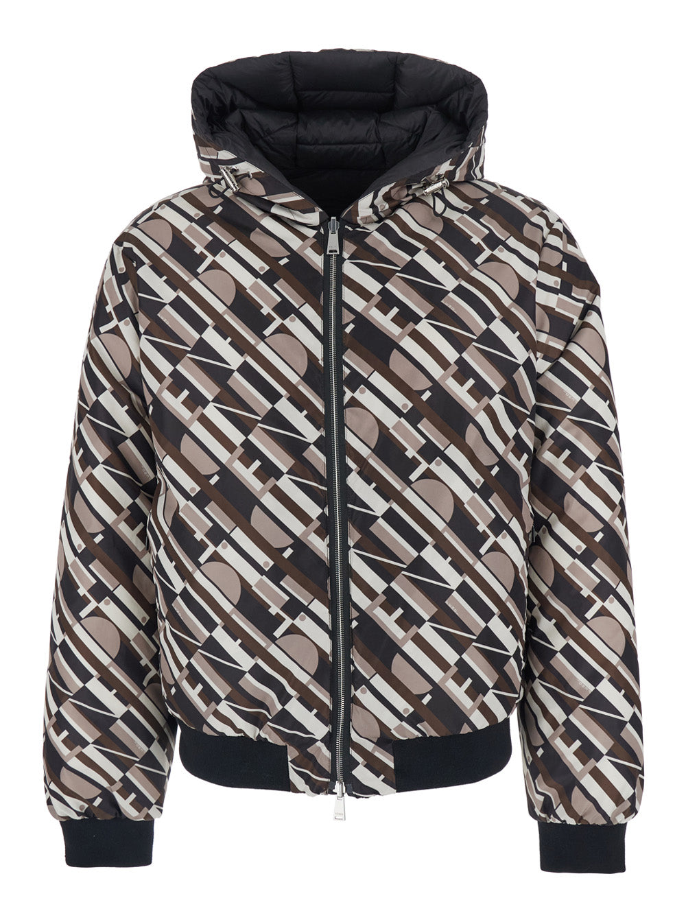 Fendi Men Black Reversible Down Jacket With Hood And Logo Patch On The Front In Tech Fabric Man FENDI