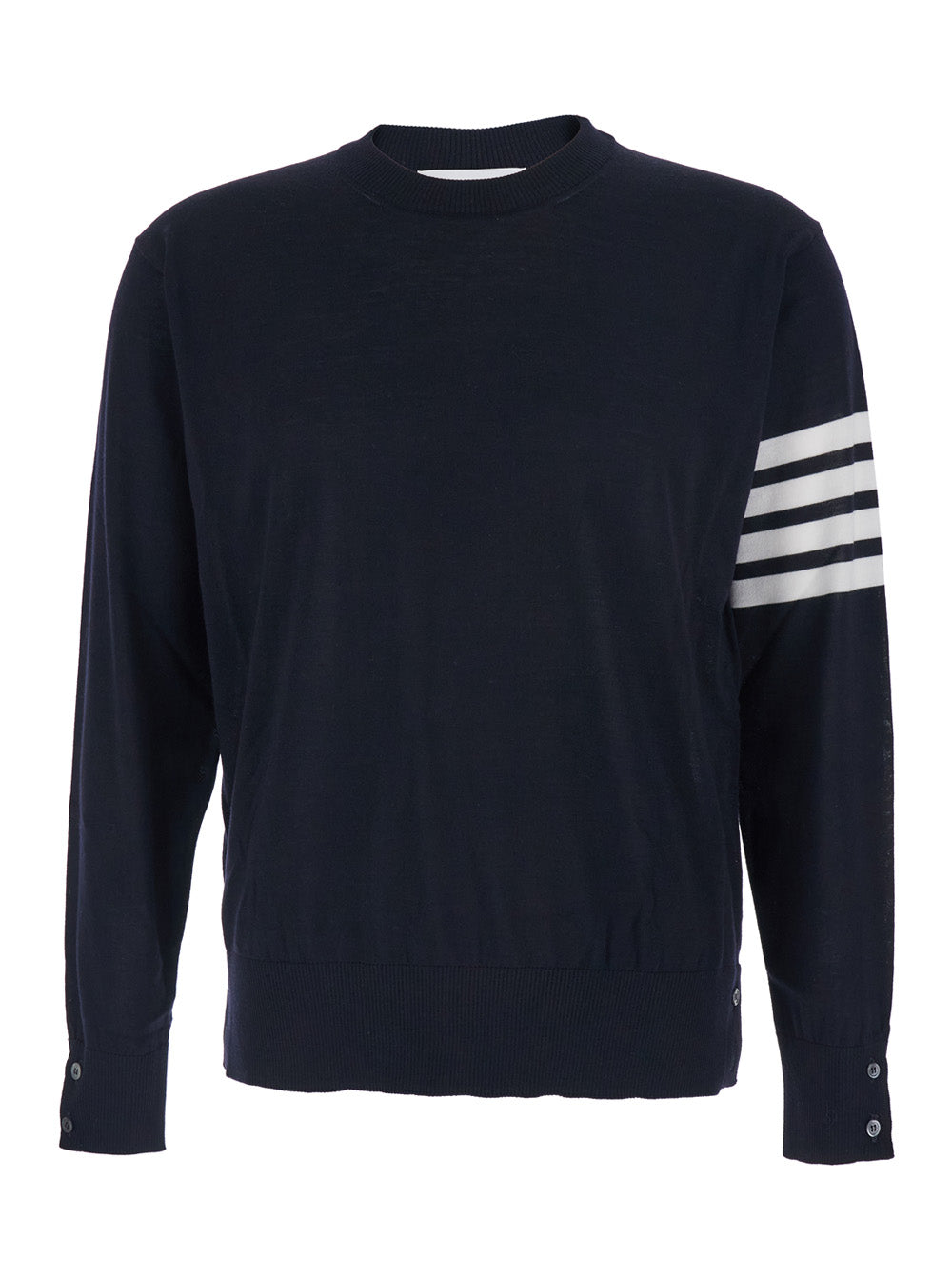 Thom Browne Men Blue Crewneck Swwater With 4-Bar On The Sleeve And Ribbed Trims In Wool Man THOM BROWNE