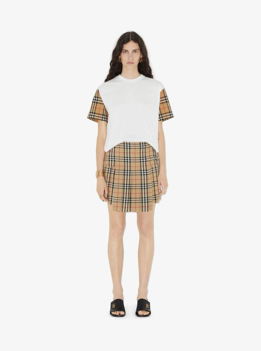 Burberry Women White T-Shirt With Vintage Check Motif On The Sleeves In Cotton For Women BURBERRY