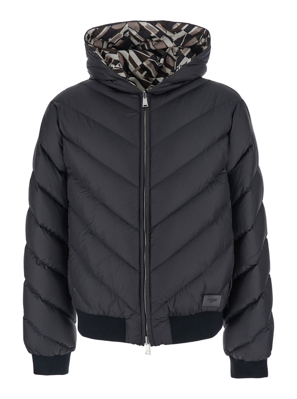 Fendi Men Black Reversible Down Jacket With Hood And Logo Patch On The Front In Tech Fabric Man FENDI