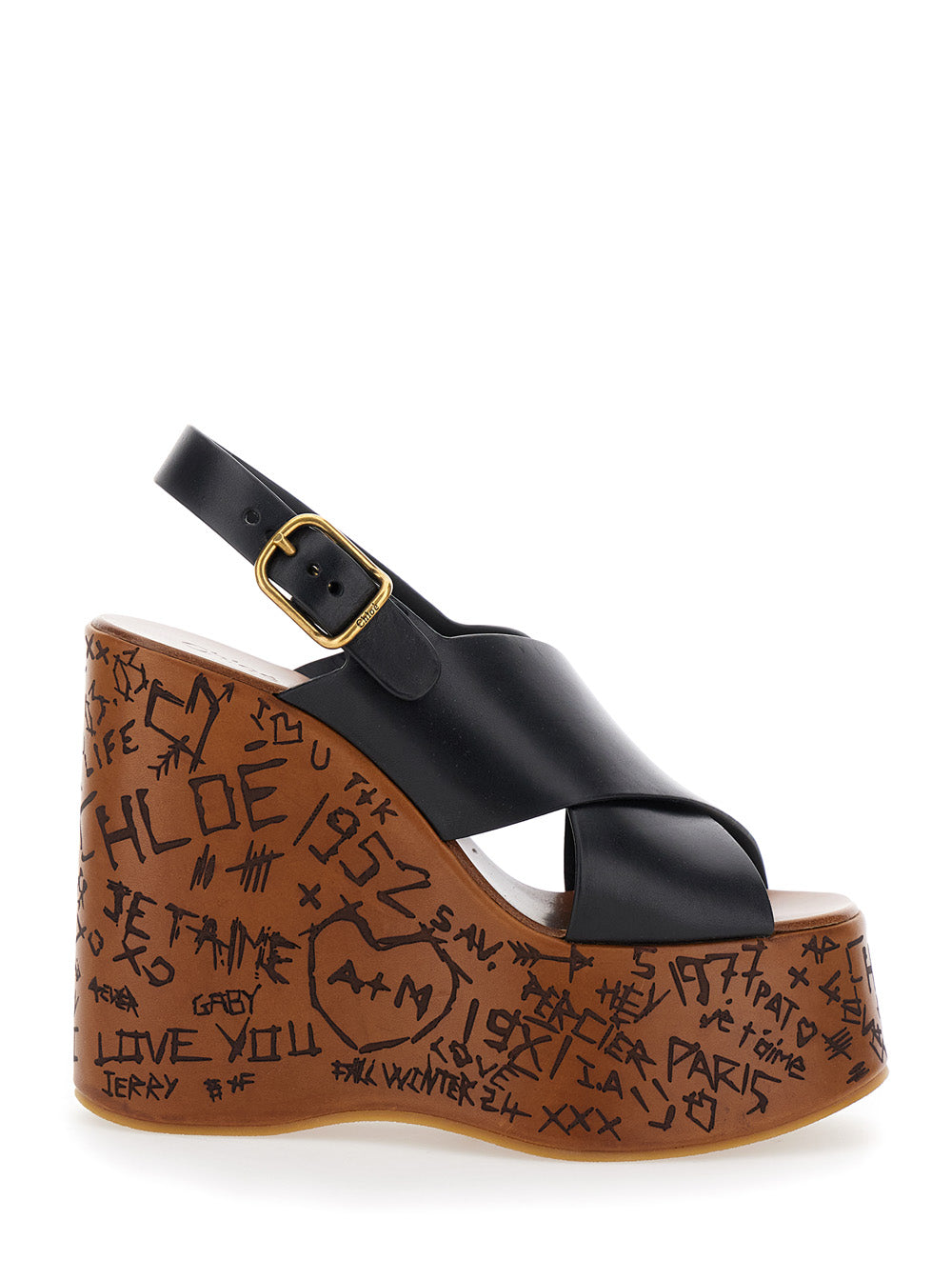 Chloé Women 'Maxime' Black Wedges With High Embossed High Wedge Heel And Crossover Strap On The Toe In Leather Womam CHLOE
