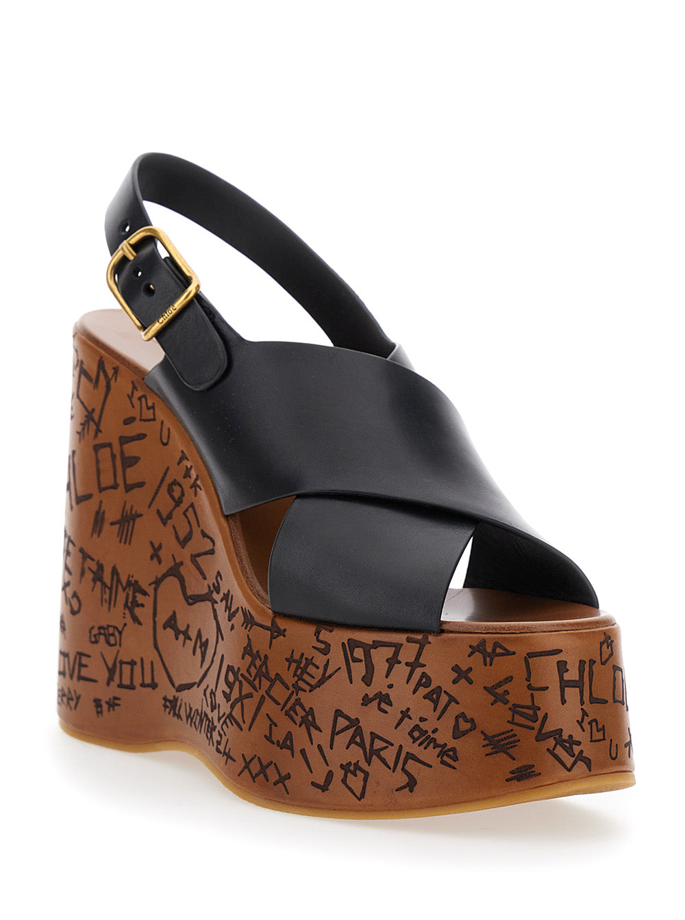 Chloé Women 'Maxime' Black Wedges With High Embossed High Wedge Heel And Crossover Strap On The Toe In Leather Womam CHLOE