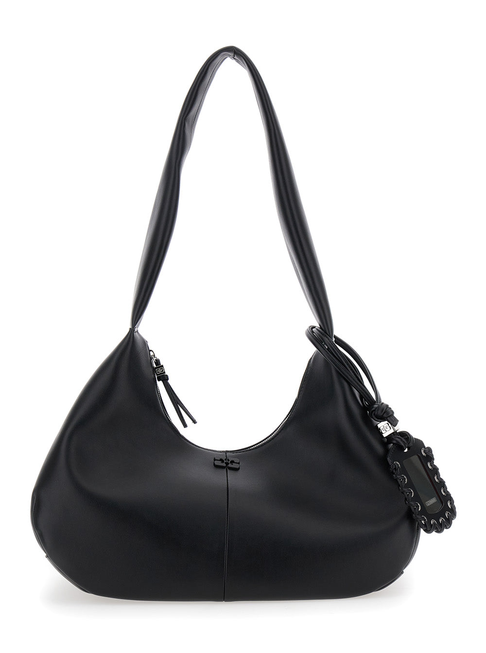 Ganni Women 'Bou Bag Hobo Medium' Black Shoulder Bag With Shoulder Strap And Removable Logo Patch In Leather Woman GANNI
