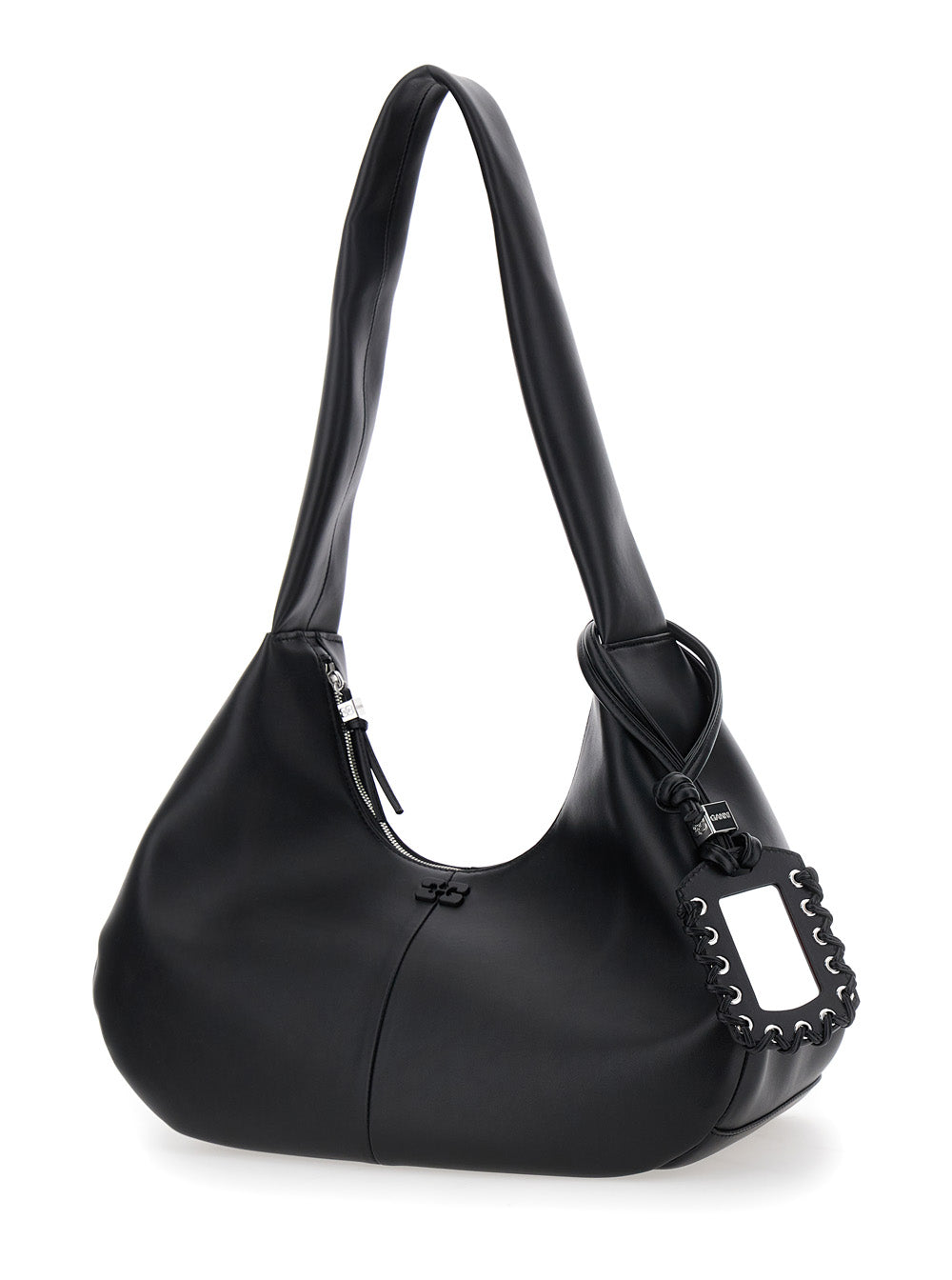 Ganni Women 'Bou Bag Hobo Medium' Black Shoulder Bag With Shoulder Strap And Removable Logo Patch In Leather Woman GANNI