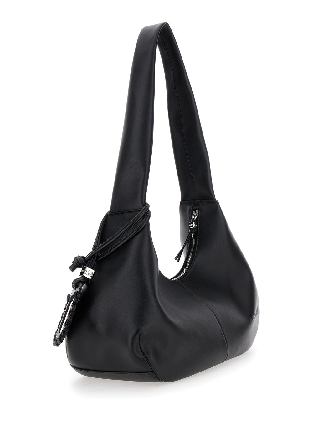 Ganni Women 'Bou Bag Hobo Medium' Black Shoulder Bag With Shoulder Strap And Removable Logo Patch In Leather Woman GANNI