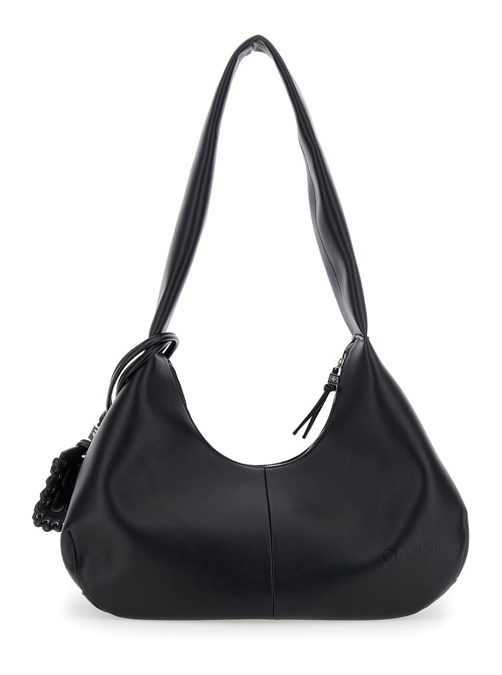 Ganni Women 'Bou Bag Hobo Medium' Black Shoulder Bag With Shoulder Strap And Removable Logo Patch In Leather Woman GANNI