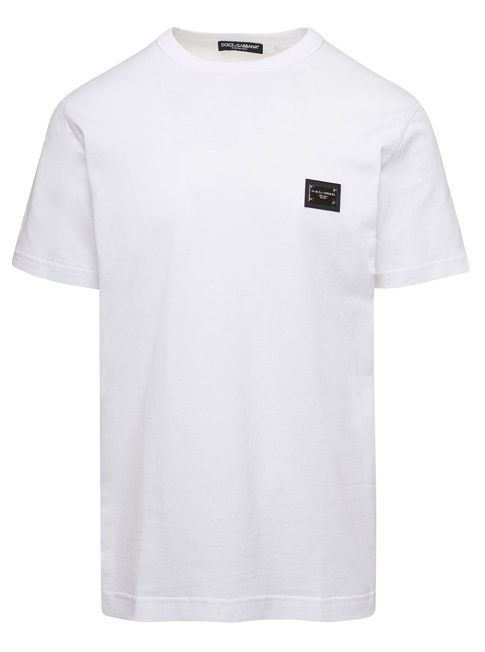 Dolce & Gabbana Men White Crewneck T-Shirt With Logo Plate In Cotton Man DOLCE & GABBANA