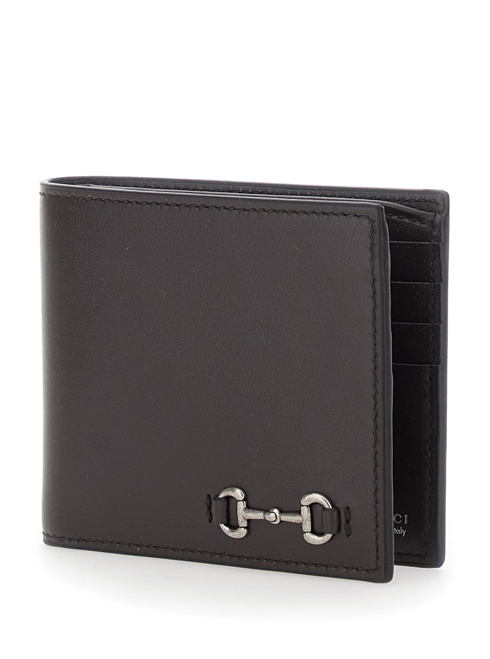 Gucci Men Brown Bi-Fold Wallet With Horsebit On The Front And Embossed Logo On The Inside In Leather Man GUCCI