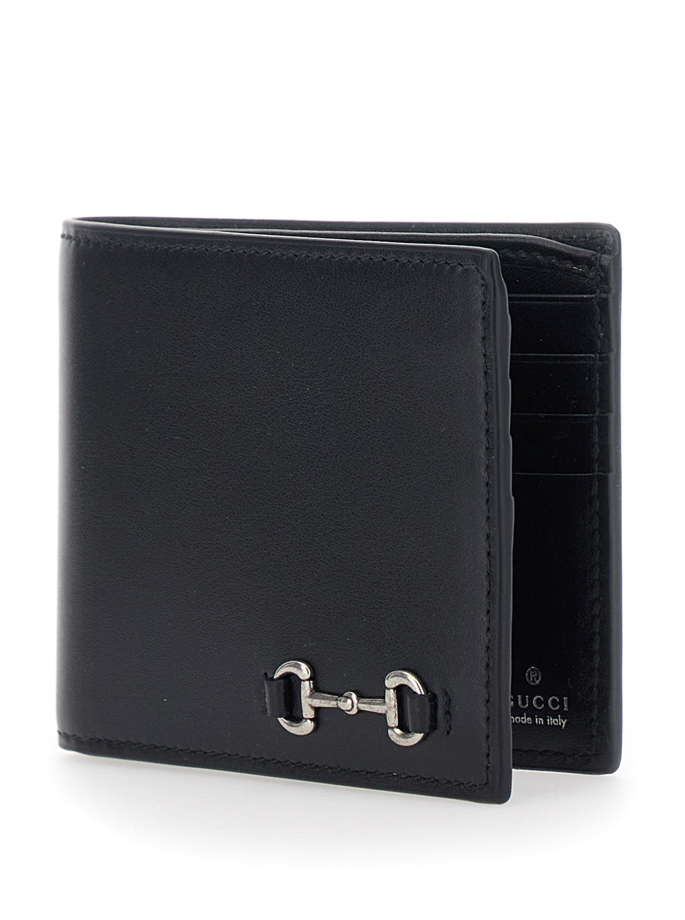 Gucci Men Black Bi-Fold Wallet With Horsebit On The Front And Embossed Logo On The Inside In Leather Man GUCCI