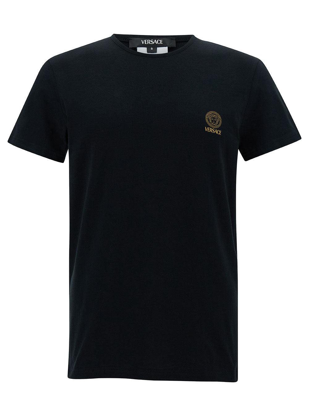 Versace Men Black Crewneck T-Shirt With Medusa Logo Print In Stretch Cotton Man VERSACE
