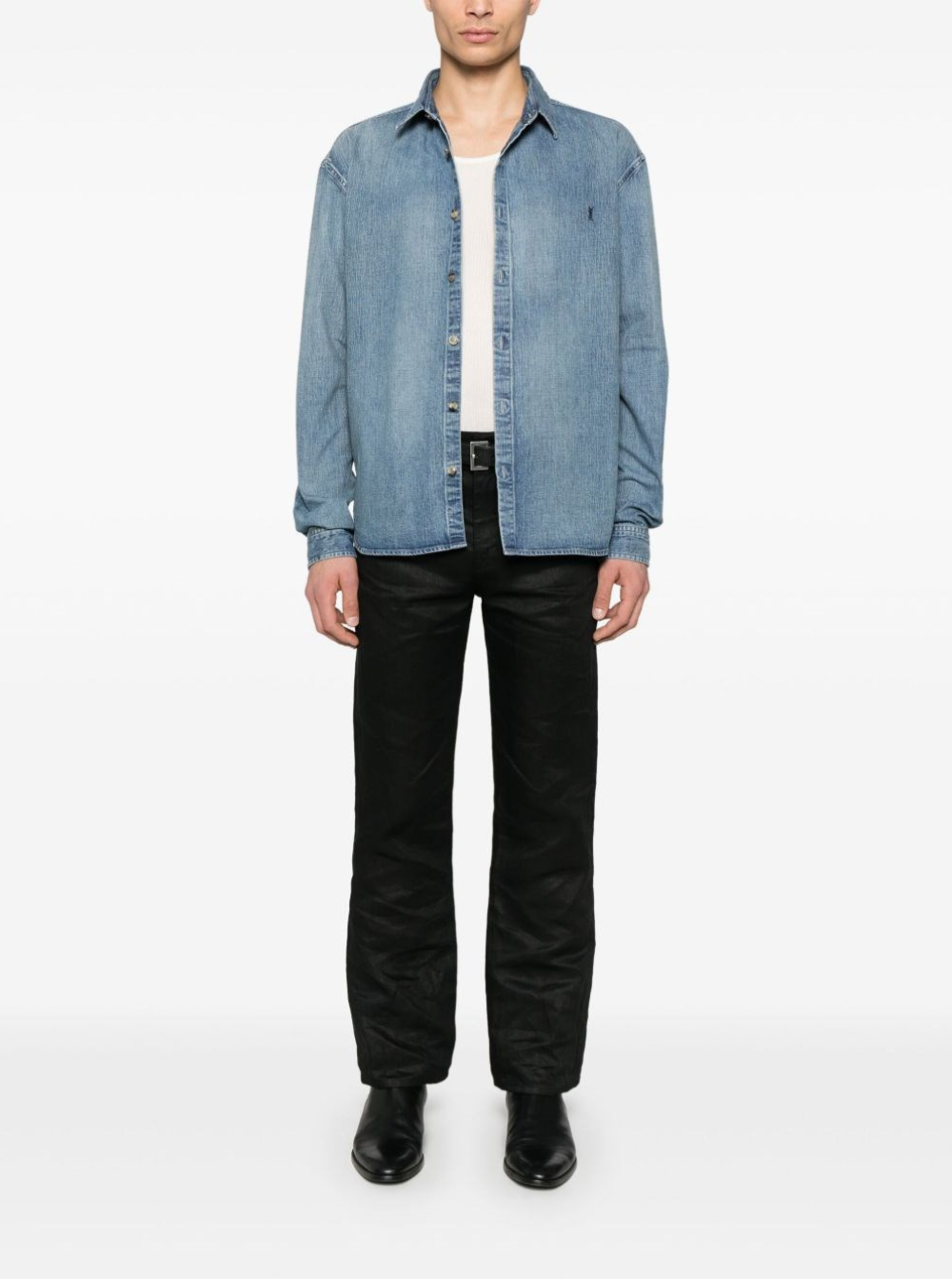 Saint Laurent Men Shirt With Classic Collar And Cassandre Embroidery On The Front In Light Blue Denim For Men SAINT LAURENT